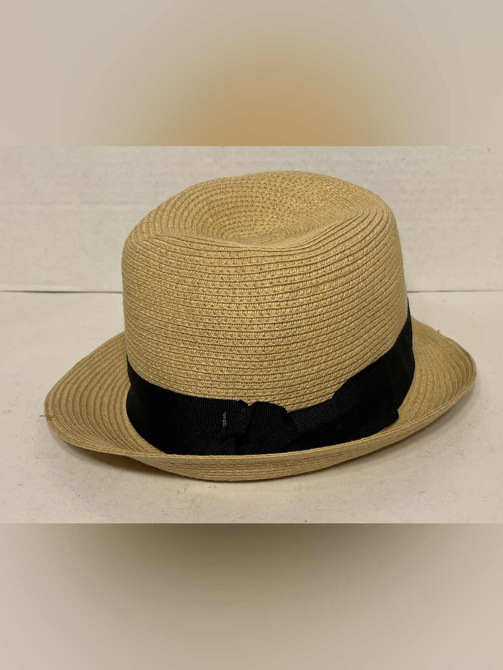 Men's Vintage K-BRAND Classic Tan Straw Fedora Hat W/Black Grosgrain Bow Band(L)